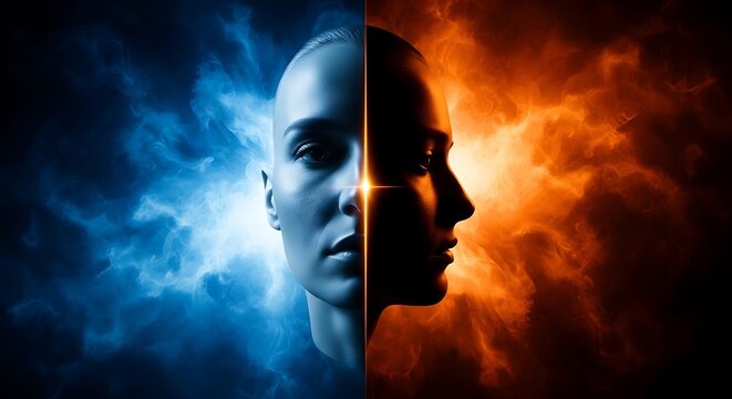 Split image of a face with one side illuminated by cool blue light