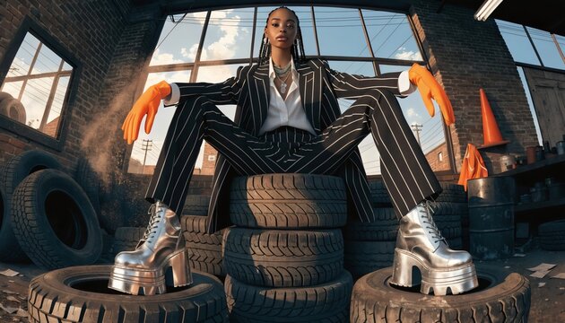 Woman in pinstripe suit sitting on stacked tires in industrial garage