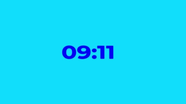 10 minute countdown animation from 600 seconds to 0 seconds on a transparent background, Neon ten minute countdown timer with blue background.