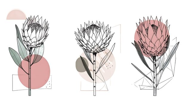 Three stylized protea illustrations with varying colors, geometrical shapes, and linework on a white background