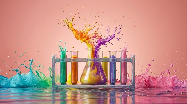 Vibrant liquids exploding from laboratory glassware, creating a colorful science experiment
