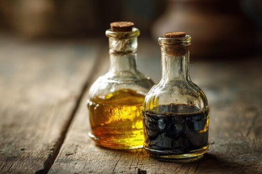 Still life of olive oil and balsamic vinegar on a rustic wooden surface