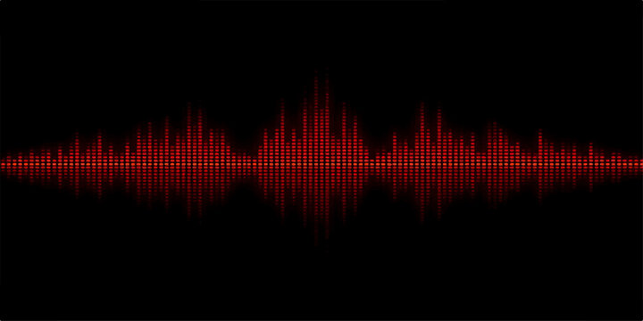 Abstract digital illustration of a red sound wave waveform on a blue frequency spectrum background featuring an electronic audio equalizer design for a modern music studio technology backdrop