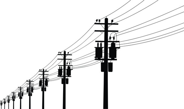 Silhouette of electric utility poles with power lines, transformers and wires on white background