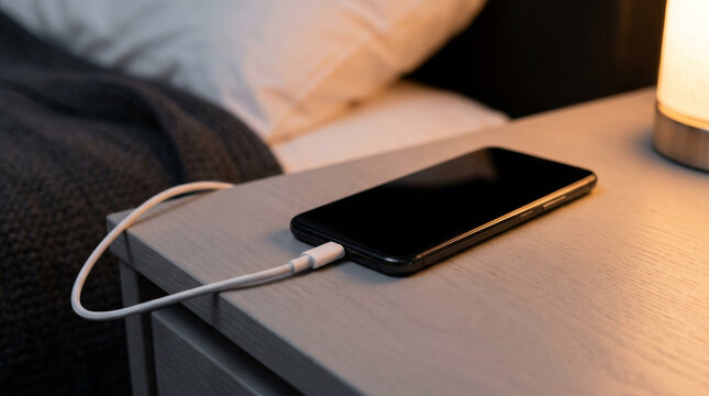 Smartphone charging on bedside table next to lamp in cozy bedroom  