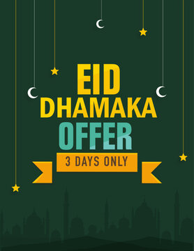 Festive eid dhamaka offer promotional poster featuring hanging stars and crescent moon with mosque silhouette background