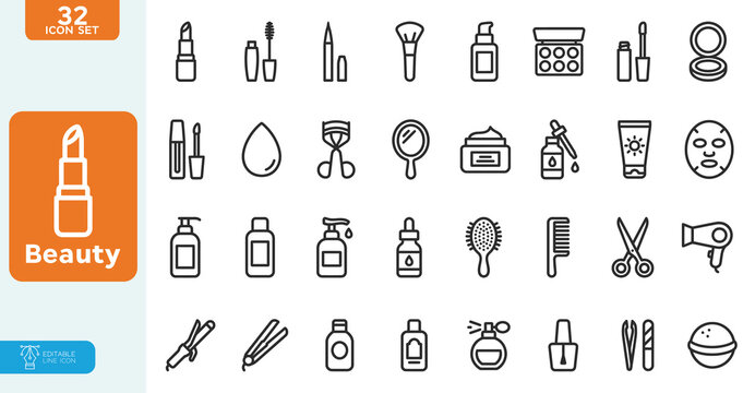 Beauty Vector illustration Line Editable Icons set. modern style of body care related icons: cosmetic procedures for face and body, diet, cosmetics, and more. white background.