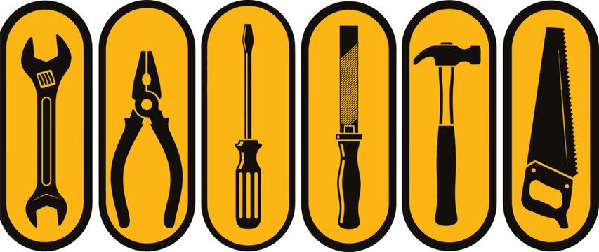 Hand tool icons set wrench pliers screwdriver hammer and saw