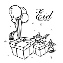 Naklejka premium Decorative hand drawn illustration showing festive gift boxes with balloons and stars for eid celebration