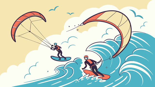 Two people kite surfing on waves with large kites in the sky