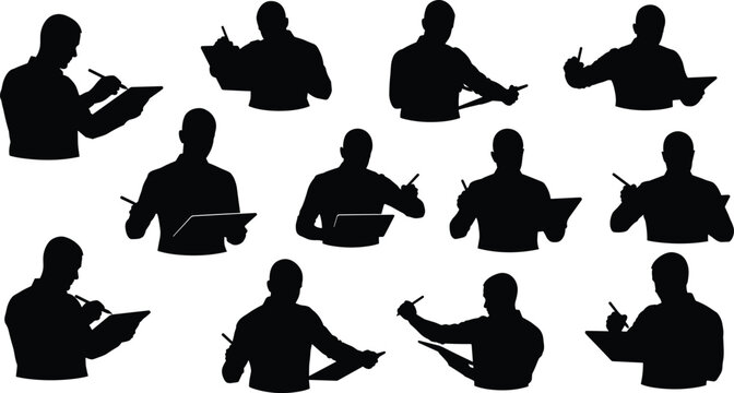 Silhouette set of professional male architect or designer working on digital tablet with stylus pen vector graphic illustration.