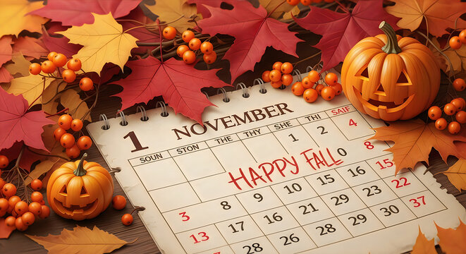 November calendar with pumpkins and fall leaves on a wooden table