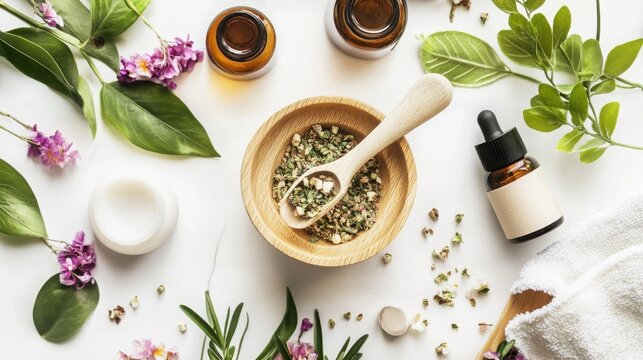 Herbal medicine ingredients and natural remedies on a white surface