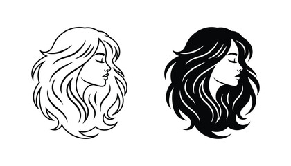 Elegant woman profile portrait with flowing hair vector illustration for beauty salon and fashion branding in outline and solid black graphic styles © Vertex