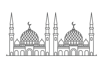Islamic mosque building with domes and minarets vector outline illustration © Laboni