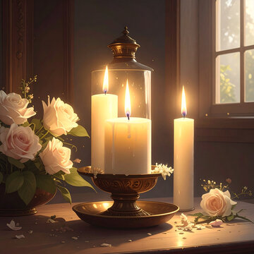Three lit candles in a glass holder with roses