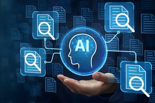 AI-powered document search. Semantic search for enterprise internal knowledge. Businessperson holding artificial intelligence icon.