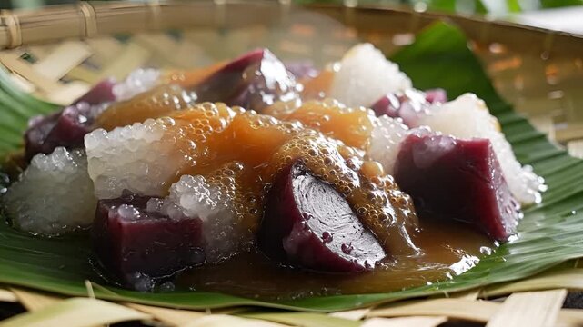 Delicious Filipino Dessert Biko and Ube Halaya served on Banana Leaf.