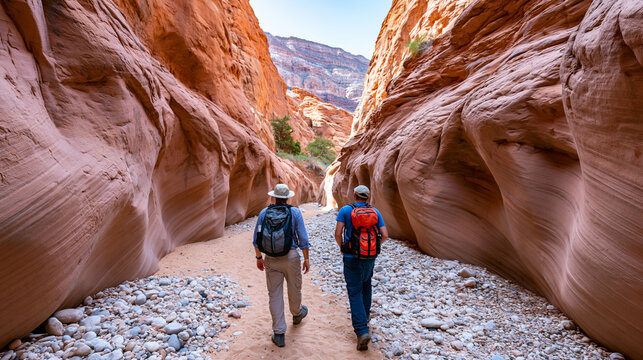 Rear view of two hikers dwarfed by the massive walls of Buckskin Gulch in southern Utah, geological wonder concept, slot canyon scale photography, longest slot canyon hiking,
