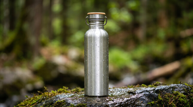 Aluminum water bottle with wooden cap on wet rock