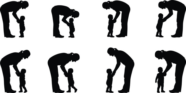 Silhouette set of mother helping baby take first steps, parent supporting toddler walking, isolated family vector graphic collection.