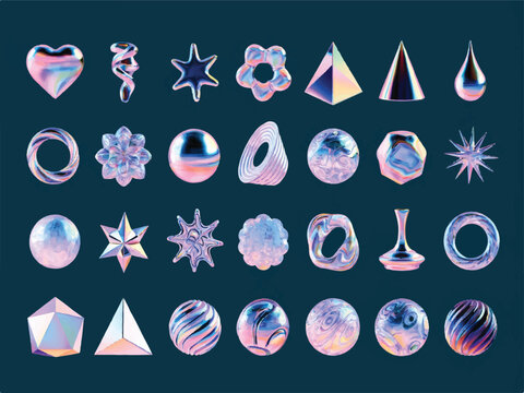 Holographic 3D shapes collection including hearts stars spheres cones and tori in various colors  shiny iridescent geometric forms on blue background