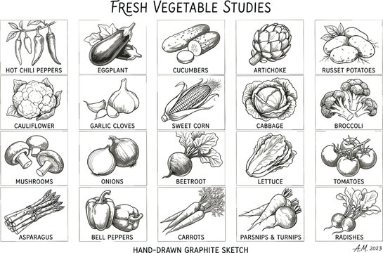 Set of professional hand drawn graphite sketch vegetable illustrations featuring chili peppers eggplant corn and carrots isolated on white background for organic food menu design.