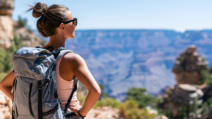 Fototapeta premium Rear view of a woman hiking in the Grand Canyon, solo female hiker concept, Grand Canyon trail photography, Arizona adventure exploration, defocused background, with copy space