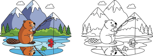 Cute Beaver Fishing in Canadian Mountain Lake Illustration Color and Line Art Coloring Page for Kids © Mehrab