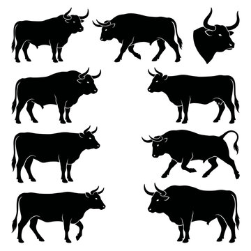 Black and white vector silhouette set of Aurochs