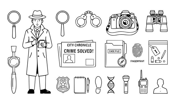 Detective investigation icon collection vector mystery crime design set