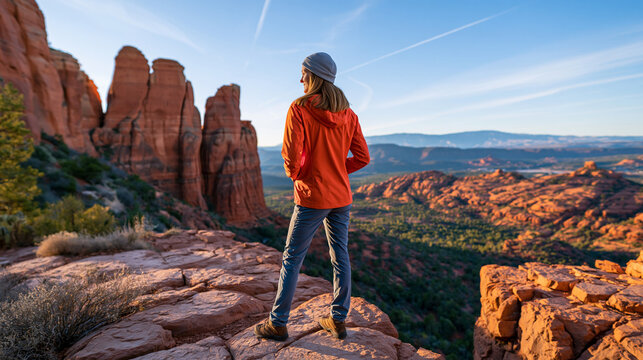 Rear view of a woman standing at Cathedral Rock in Sedona at horizontal wide angle, Sedona landscape photography concept, red rock sunset vista, female hiker at lookout, defocused