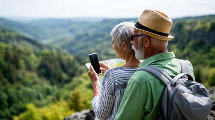 Fototapeta premium Rear view of a senior couple studying a smartphone map during a hike in hilly countryside, mature hiker navigation concept, senior adventure lifestyle photography, hiking with