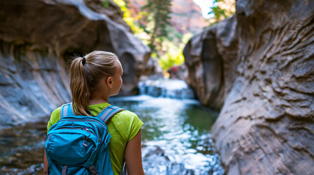Rear view of a hiker at The Subway in Zion National Park navigating the carved rock passage, unique geology hiking concept, Zion Subway photography, national park hidden gem,