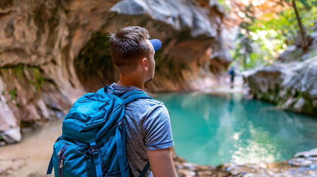 Rear view of a hiker at The Subway in Zion National Park navigating the carved rock passage, unique geology hiking concept, Zion Subway photography, national park hidden gem,