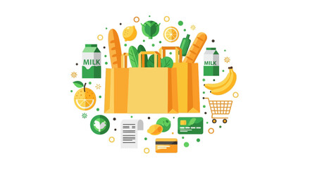 Naklejka premium Flat Vector Illustration of Grocery Shopping Concept featuring Paper Bags, Fresh Vegetables, Fruits, and Payment Icons on White Background