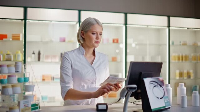 Woman doctor holding prescriptions typing computer at pharmacy cashier closeup