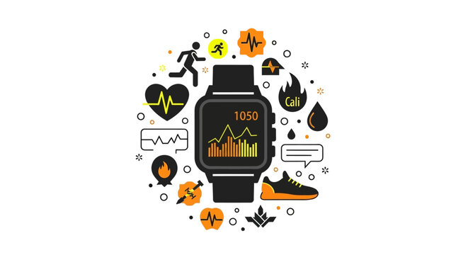 Fitness Tracker Smartwatch Concept with Health, Sport, and Activity Flat Icons for Wellness Monitoring