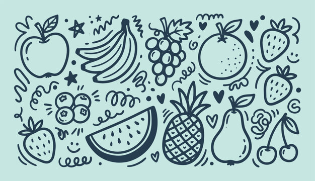 Fresh fruit doodle collection with berries watermelon and pineapple hand drawn vector illustration for menu design