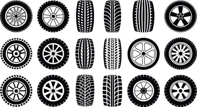 Car wheel icon set, fast speed wheel symbols with tire track textures and racing logo elements for automotive and motorsport vector design.