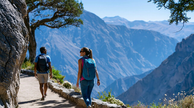 Rear view of tourists walking by a canyon hiking trail in Peru, international trail concept, Colca Canyon Peru photography, South American landscape hiking, defocused background,