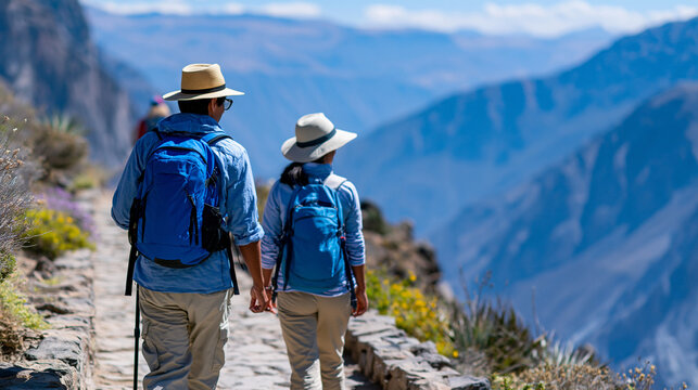 Rear view of tourists walking by a canyon hiking trail in Peru, international trail concept, Colca Canyon Peru photography, South American landscape hiking, defocused background,