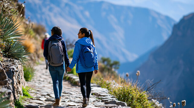 Rear view of tourists walking by a canyon hiking trail in Peru, international trail concept, Colca Canyon Peru photography, South American landscape hiking, defocused background,