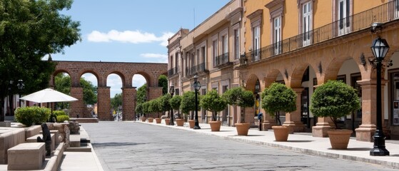 Fototapeta premium Tall stone arches stand in the city center with palm trees and plants adding beauty to the landscape under a bright sky