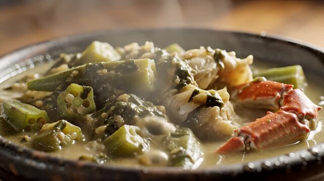 Steaming Bowl of Gumbo with Crab and Okra.