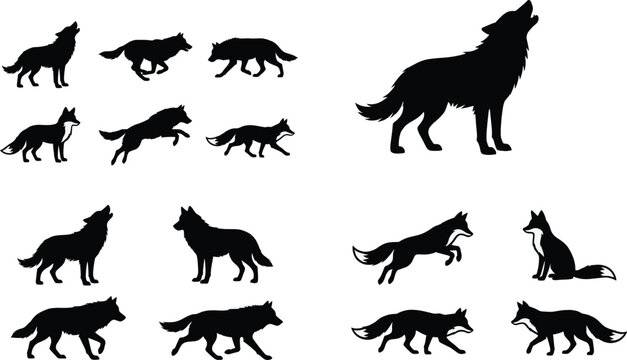 Large collection of wolf and fox silhouettes in various poses including howling, running, and jumping isolated on white