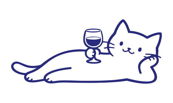 Minimalist cat illustration holding wine glass, cute feline character relaxing with drink, simple blue line art vector of kitten lounging