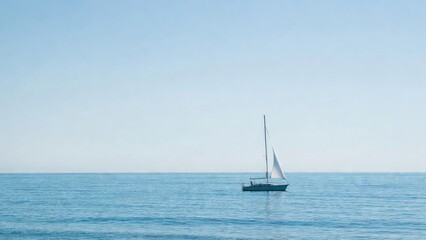 Fototapeta premium Sailboat motoring slowly on calm sea under pale sky
