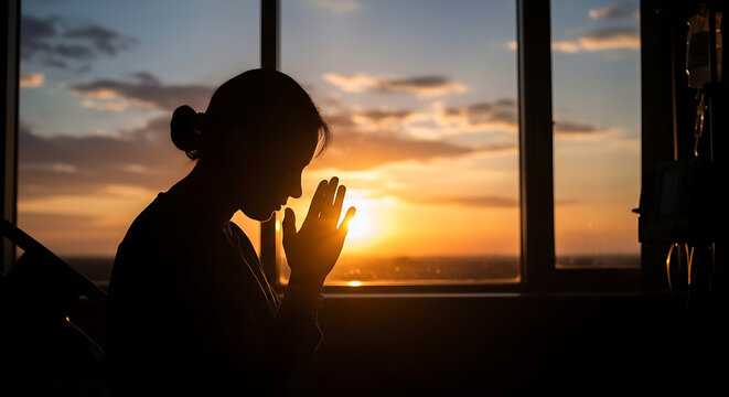 A woman prays while looking out the window at a serene sunset over the landscape.