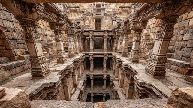 Stunning Stepwell with Intricate Geometric Terraces in Descent